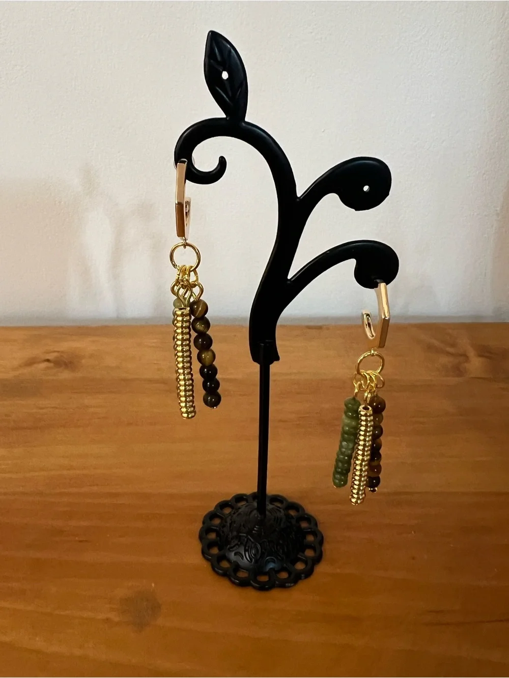 Tiger Eye & Olive Jade Triple-Drop Earrings - Golden Harvest Collection